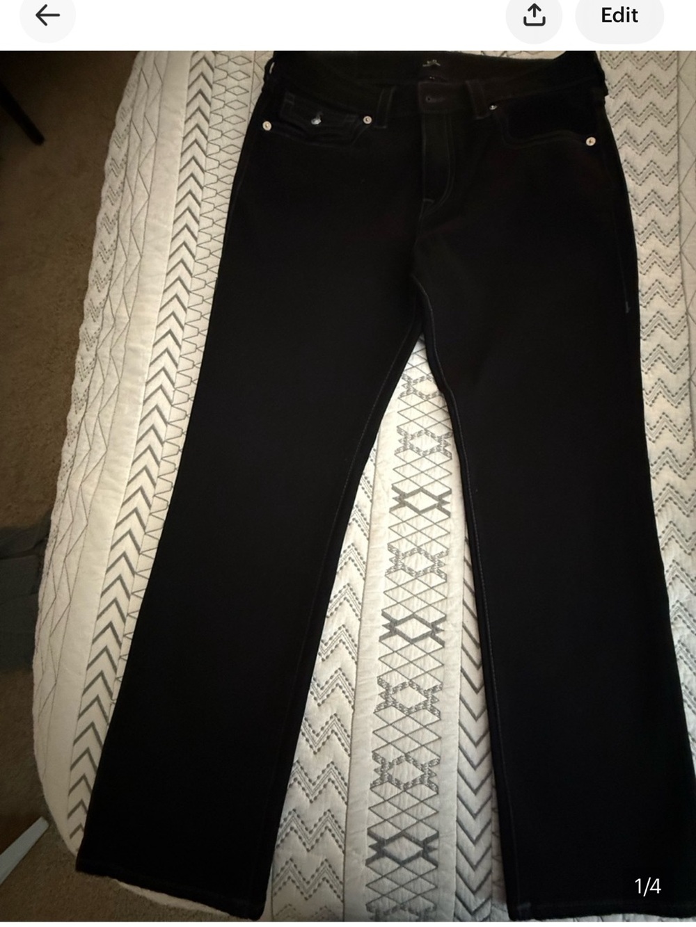 34/30. True Religion Black Straight-Leg Jeans with Signature Pocket